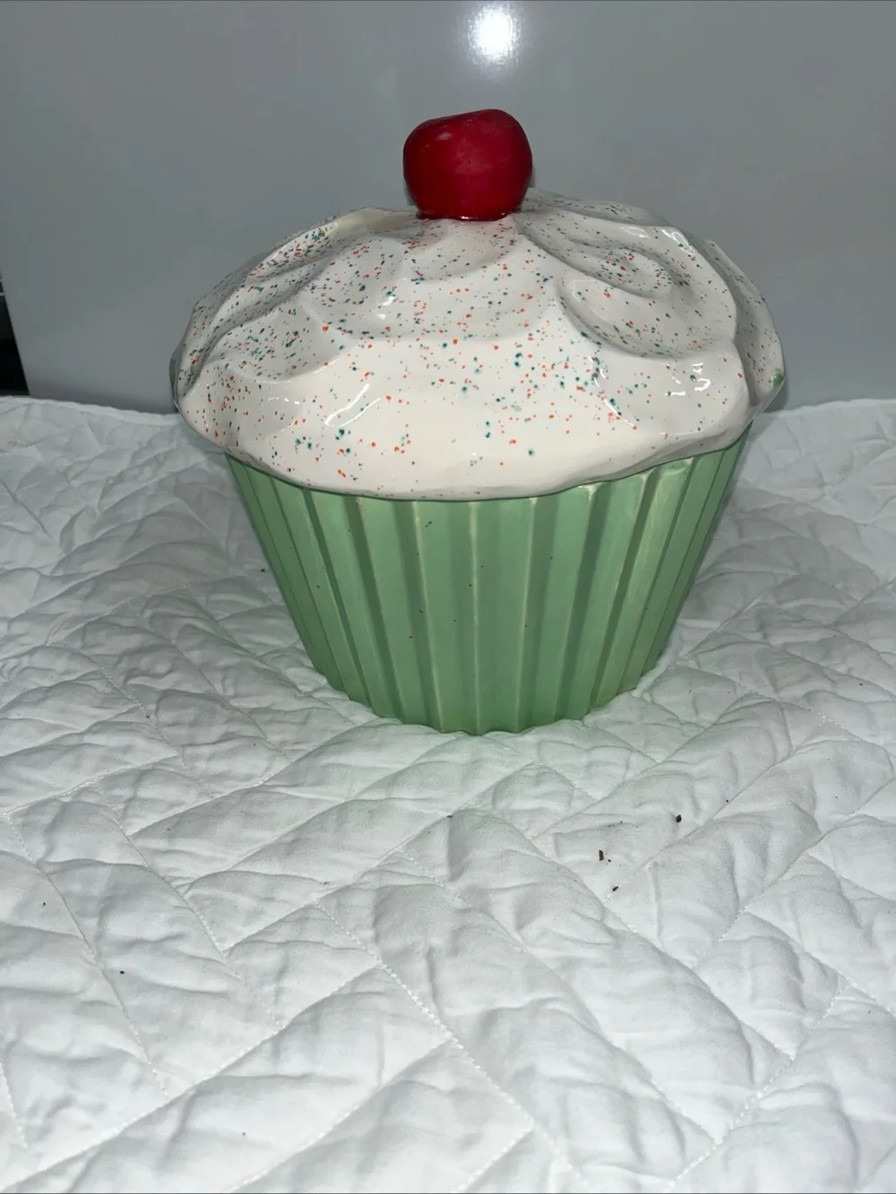 Vintage MCM Ceramic Cupcake Treat Jar - Green with White Frosting and Red Cherry